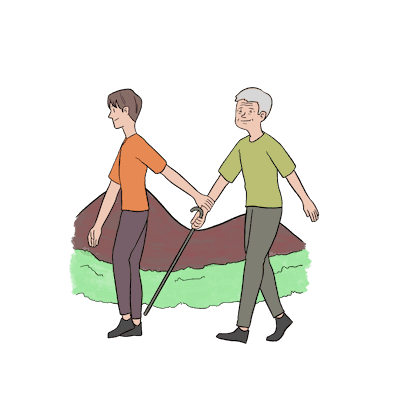 A young man helping an old man walking